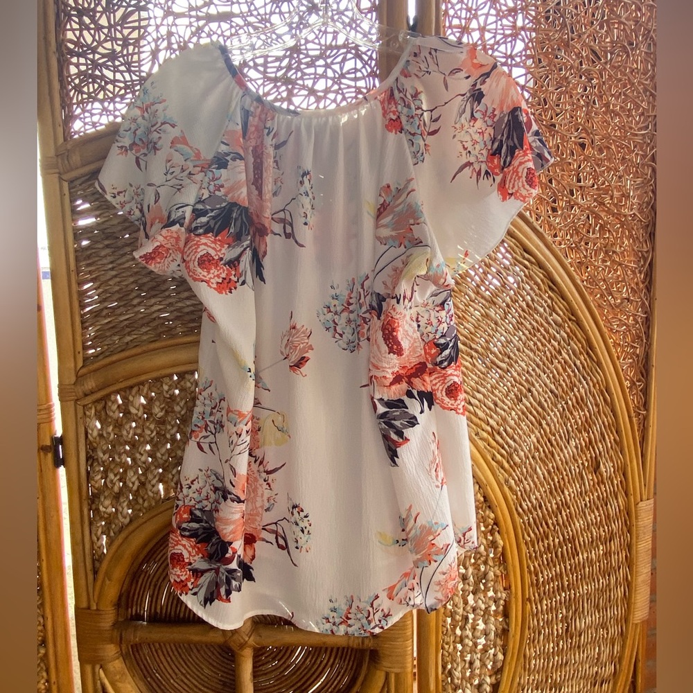 Beautiful Floral Cream and Orange Peasant Blouse Top Size L Excellent Condition - Picture 5 of 8